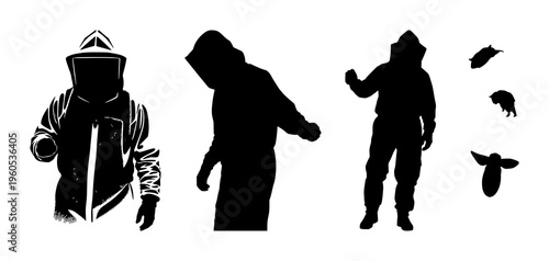 Beekeeper set with solid black silhouette in full mesh suit against white background featuring apiculture, professional, black silhouette with vector and illustration