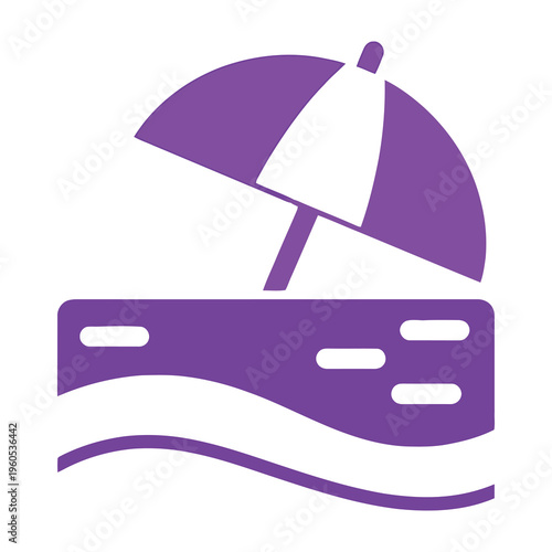 Purple beach umbrella on wavy boardwalk
