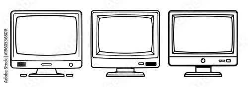 Computer monitor icon set with geometric lines and consistent stroke width featuring classic, retro, 1980s, vector, icon with white background and simple style