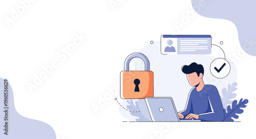 Young man working on a laptop with a large padlock symbol representing cybersecurity, data privacy, and online account safety.