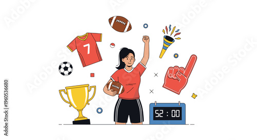 Excited female sports fan celebrating with various sports equipment icons like football, soccer ball, and winner trophy.