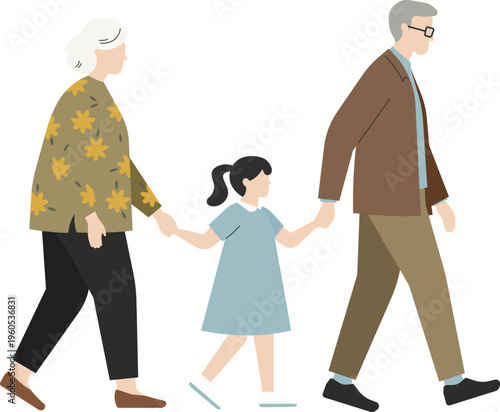 祖父母と手をつないで仲良く散歩する孫娘のシンプルなイラスト素材