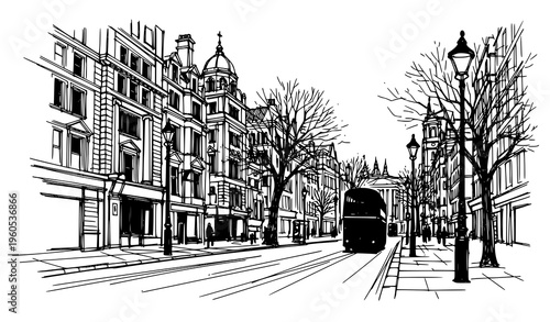 Hand drawn London street scene with double decker bus and historic buildings isolated on white vector illustration