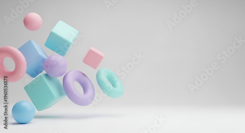 Colorful 3D geometric shapes floating in pastel colors composition