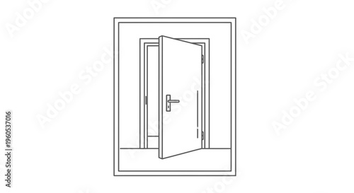 Minimalist line art illustration of an interior open door revealing a further passage within a