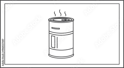 Simple monochrome outline illustration of a heated metal tin can emitting steam, representing