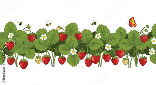 Garden border featuring lush strawberry plants with ripe red berries, white blossoms, and flying honeybees and butterfly.