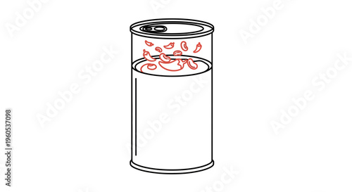Minimalist line art of a transparent-top food can filled with spicy red beans and chili peppers