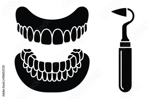 Dentures and dental tool silhouette vector illustration with black and white