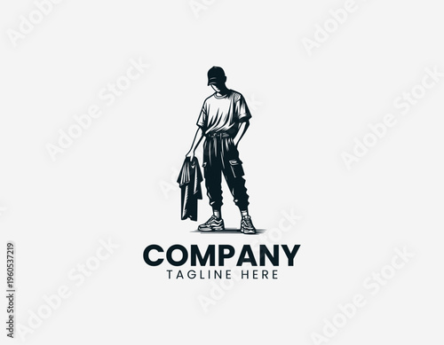 Young man holding t shirt and sneakers representing casual fashion lifestyle and retail style in clean minimalist black vector illustration style on white background