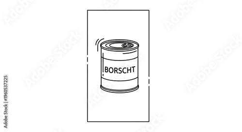 Minimalist line art illustration of a canned food product labeled borscht, ready for use