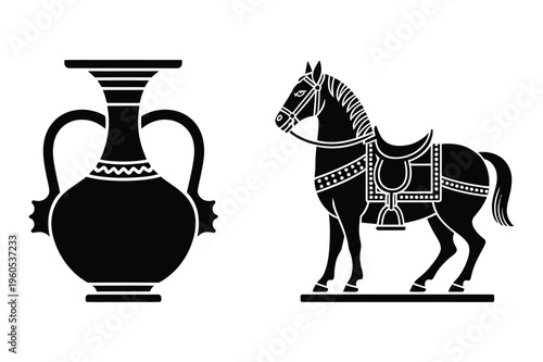 Amphora vase and saddle horse silhouette vector illustration