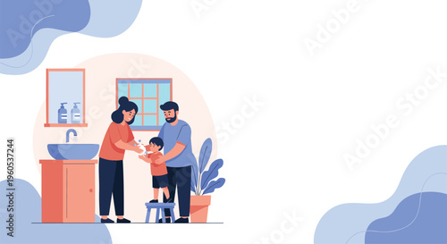 Parents teaching their young son how to wash his hands properly in the bathroom for better hygiene and health education.