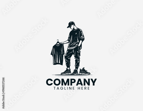 Young man holding t shirt and sneakers representing casual fashion lifestyle and retail style in clean minimalist black vector illustration style on white background