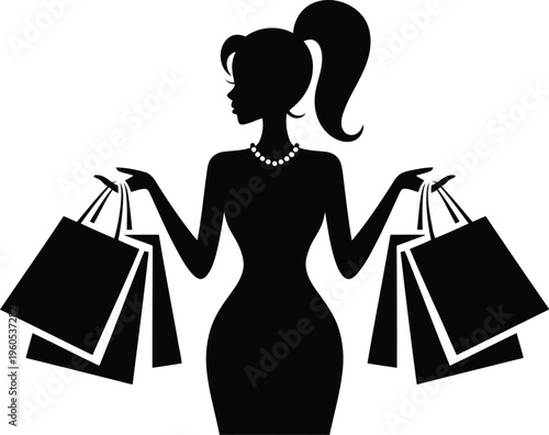A fashionable silhouette of a woman with a ponytail and pearl necklace carrying multiple shopping bags