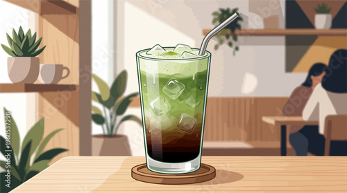 A refreshing green tea drink on a table in a cozy cafe with people sitting