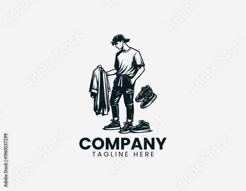 Young man holding t shirt and sneakers representing casual fashion lifestyle and retail style in clean minimalist black vector illustration style on white background