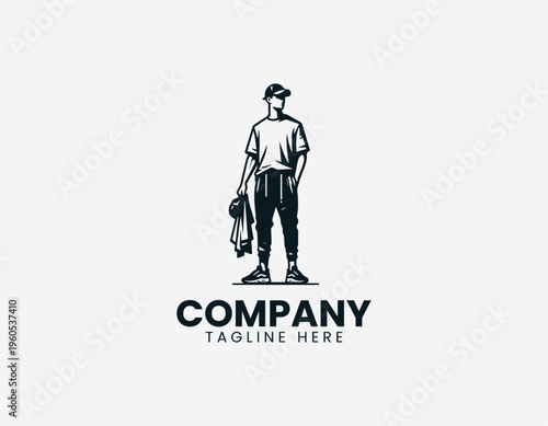 Young man holding t shirt and sneakers representing casual fashion lifestyle and retail style in clean minimalist black vector illustration style on white background