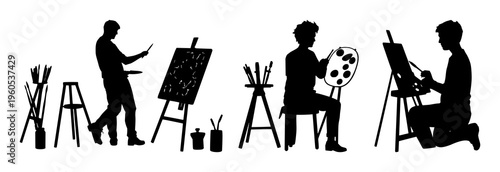 Paint palette artist silhouette set with stylized black and white illustration featuring artist, palette, brushes with composition and line art