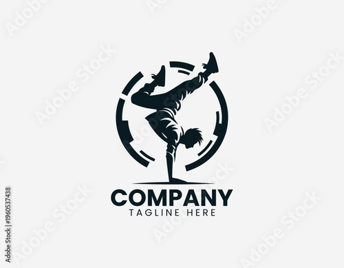 A breakdancer is illustrated performing a one hand handstand move in a clean modern black vector logo illustration style on a white background