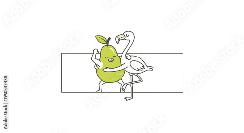 A cheerful pear character embracing a graceful flamingo character in a minimalist illustration