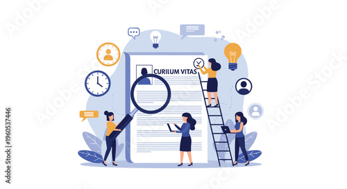 Group of HR professionals reviewing a giant curriculum vitae document with magnifying glass and various office icons.
