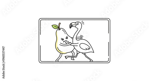Playful cartoon depicting an energetic pear character intensely grappling with a graceful