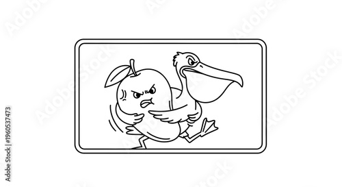 Humorous black and white line art depicting a pelican carrying away an angry fruit