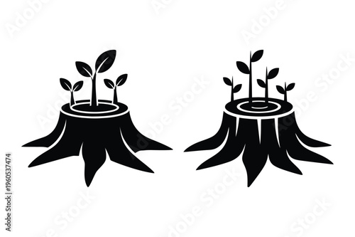 Tree stump with sprout seedlings silhouette vector graphics