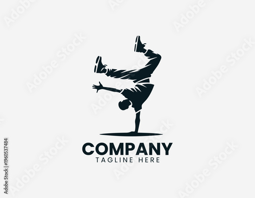 A breakdancer is illustrated performing a one hand handstand move in a clean modern black vector logo illustration style on a white background