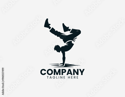 A breakdancer is illustrated performing a one hand handstand move in a clean modern black vector logo illustration style on a white background