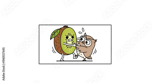 Whimsical cartoon encounter between a grumpy kiwi fruit and a determined little owl engaging in a