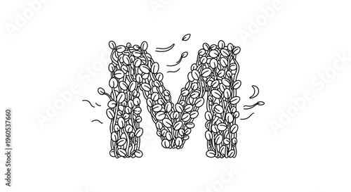 Monogram M crafted from organic sprouting seeds or coffee beans in elegant line art design