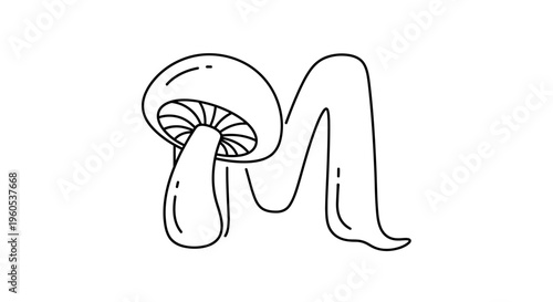 Minimalist line art illustration featuring a whimsical mushroom integrated with the flowing form