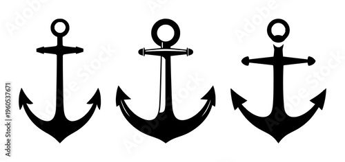 Simple black anchor silhouette isolated on a solid white background, presented as a clean vector graphic. The composition is centered and symmetrical, featuring a nautical anchor with a top ring, c...