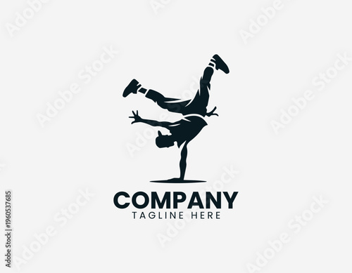 A breakdancer is illustrated performing a one hand handstand move in a clean modern black vector logo illustration style on a white background