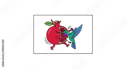 Vibrant cartoon hummingbird joyfully engaging with an anthropomorphic pomegranate illustration