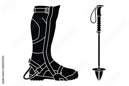Ski boot and trekking pole silhouette icon