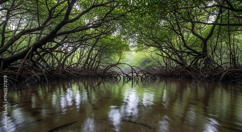 Lush Mangrove Forest Canopy Reflected in Tranquil Waterway.