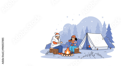 Happy couple enjoying a winter camping trip sitting by a warm campfire near their tent in a snowy forest landscape.