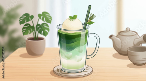 A refreshing green tea drink with whipped cream and mint on a table with a potted plant and teapot.