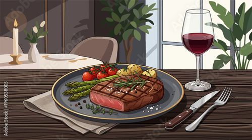 A plate of grilled steak with vegetables and a glass of red wine on a dinner table indoors