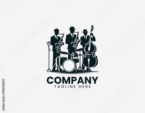 A jazz band is illustrated performing with saxophone drums and double bass in a clean modern black vector logo illustration style on a white background