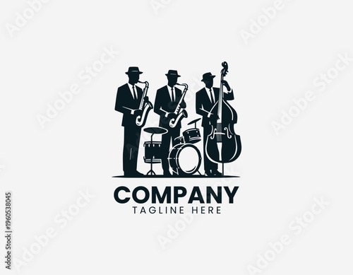 A jazz band is illustrated performing with saxophone drums and double bass in a clean modern black vector logo illustration style on a white background