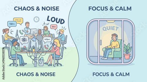 Contrasting chaotic, noisy offices with calm, focused workspaces, linking employee well-being, productivity, and talent recruitment