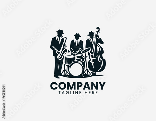 A jazz band is illustrated performing with saxophone drums and double bass in a clean modern black vector logo illustration style on a white background