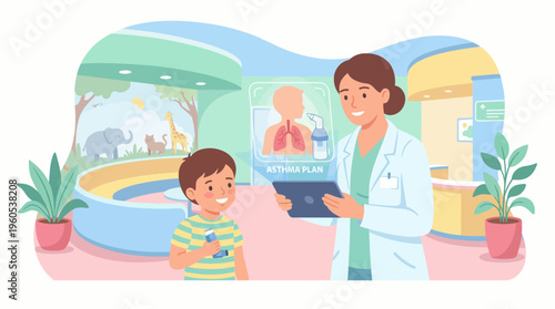 Friendly Pediatrician Discusses a Personalized Health Action Plan with a Smiling Young Patient in a Bright, Modern Medical Facility