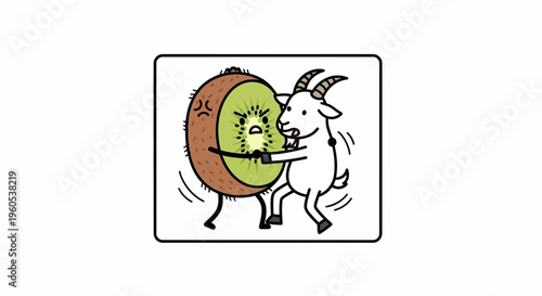 Whimsical cartoon illustration of a playful goat attempting to wrestle an exasperated kiwi fruit