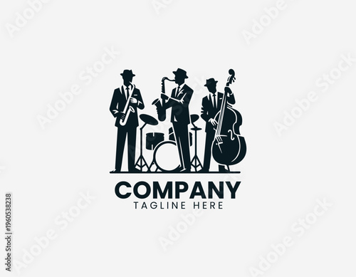 A jazz band is illustrated performing with saxophone drums and double bass in a clean modern black vector logo illustration style on a white background
