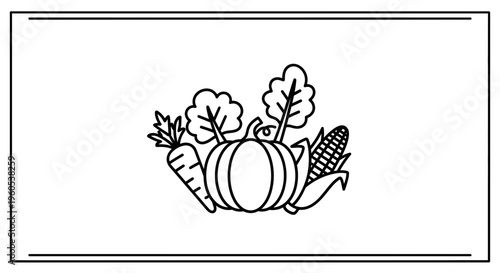 Minimalist line art illustration showcasing a variety of fresh autumnal harvest vegetables